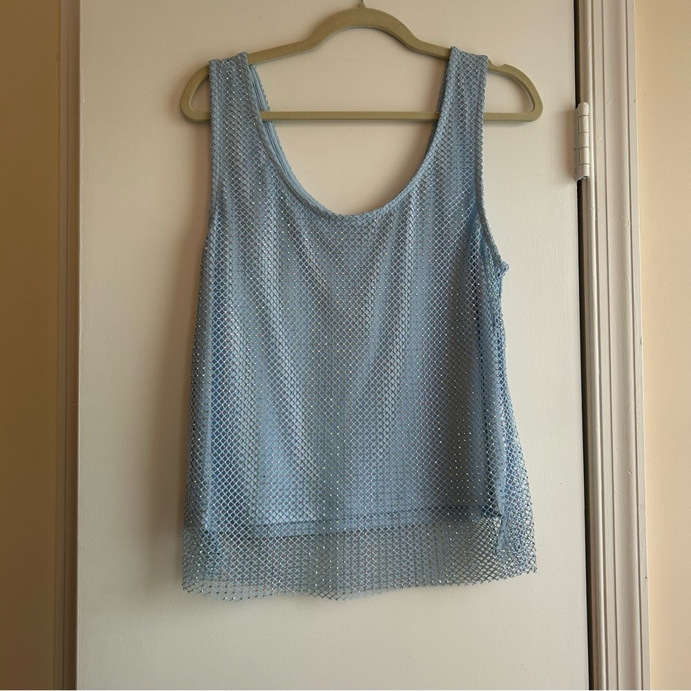 NWT Anthropologie Sunday in Brooklyn Blue Sequin Rhinestone Mesh Tank Size M